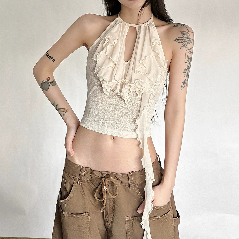 H&M Summer Halter Neck Sleeveless Ruffle Trim Tie Front Slim Fit Cropped Top